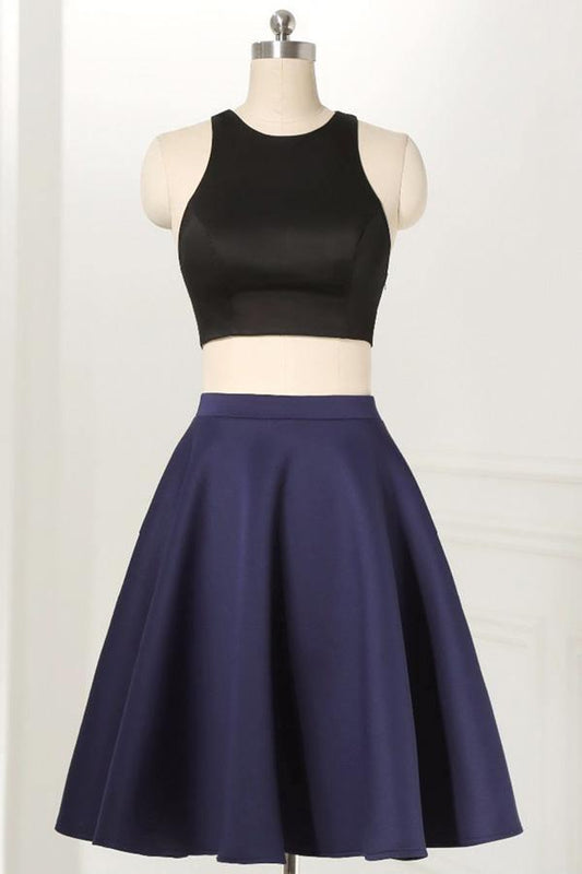 Gerades, zweiteiliges, ärmelloses, knielanges schwarzes Homecoming-Kleid PD264