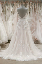 Strap V Neck Beach Wedding Dresses Backless Ivory Tulle Wedding Dress  WD309