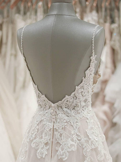 Strap V Neck Beach Wedding Dresses Backless Ivory Tulle Wedding Dress  WD309
