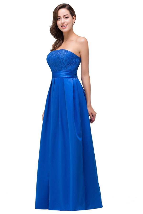Vestidos de dama de honor sin tirantes, corte A, con cordones, hasta el suelo y apliques