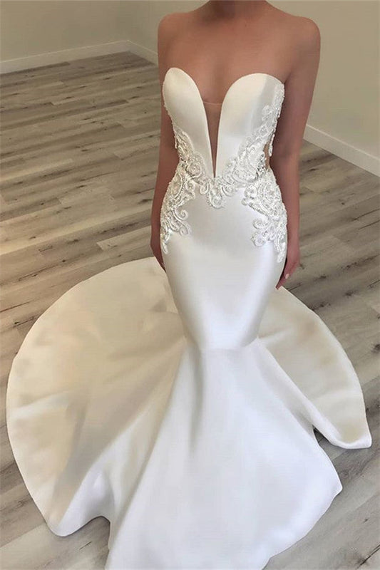 Trägerloses Brautkleid mit Applikationen Neue Ankunft Meerjungfrauenkleider für Hochzeiten