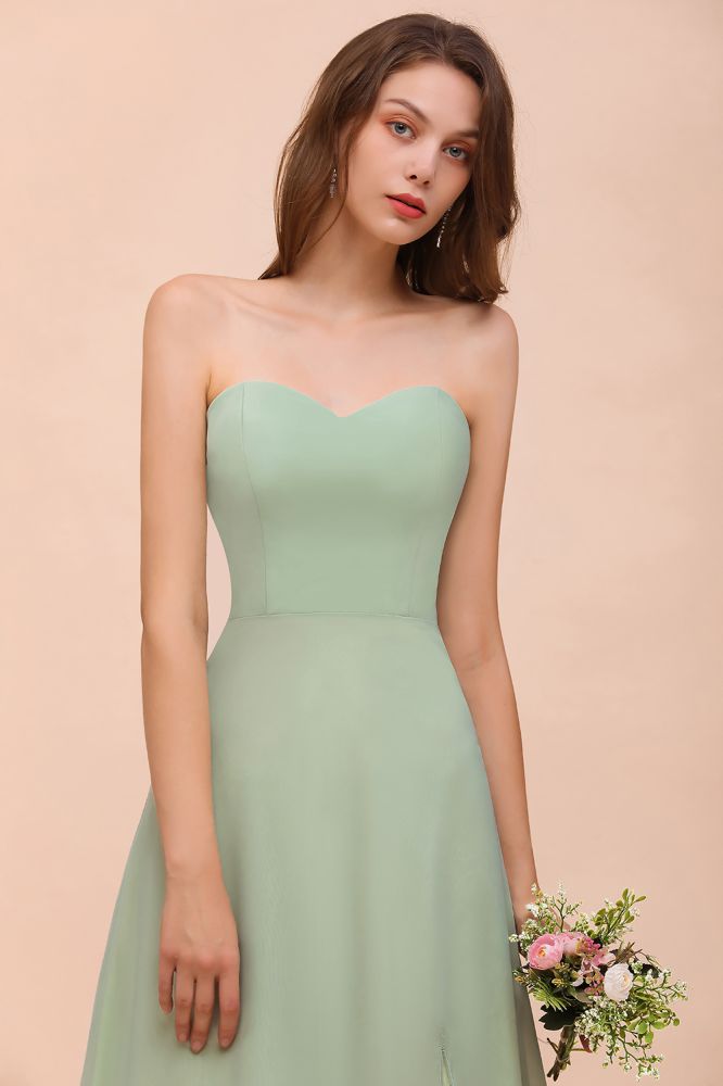 Vestido de dama de honor formal de gasa sin tirantes, elegante vestido maxi de dama de honor