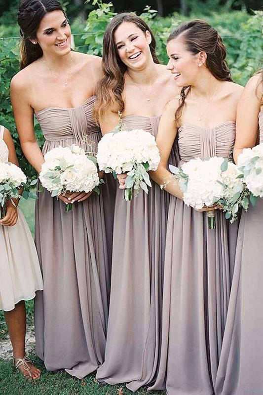 Trägerloses, bodenlanges Brautjungfernkleid aus grauem Chiffon mit Rüschen BD029