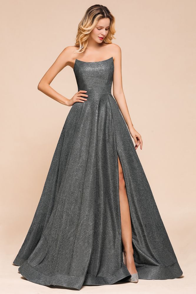 Trägerloses Glitzer-Aline-Abendkleid, ärmellos, Schlitz vorne, Tanzpartykleid