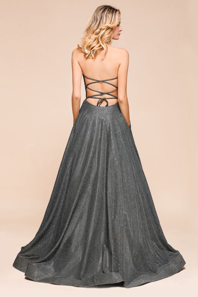 Trägerloses Glitzer-Aline-Abendkleid, ärmellos, Schlitz vorne, Tanzpartykleid
