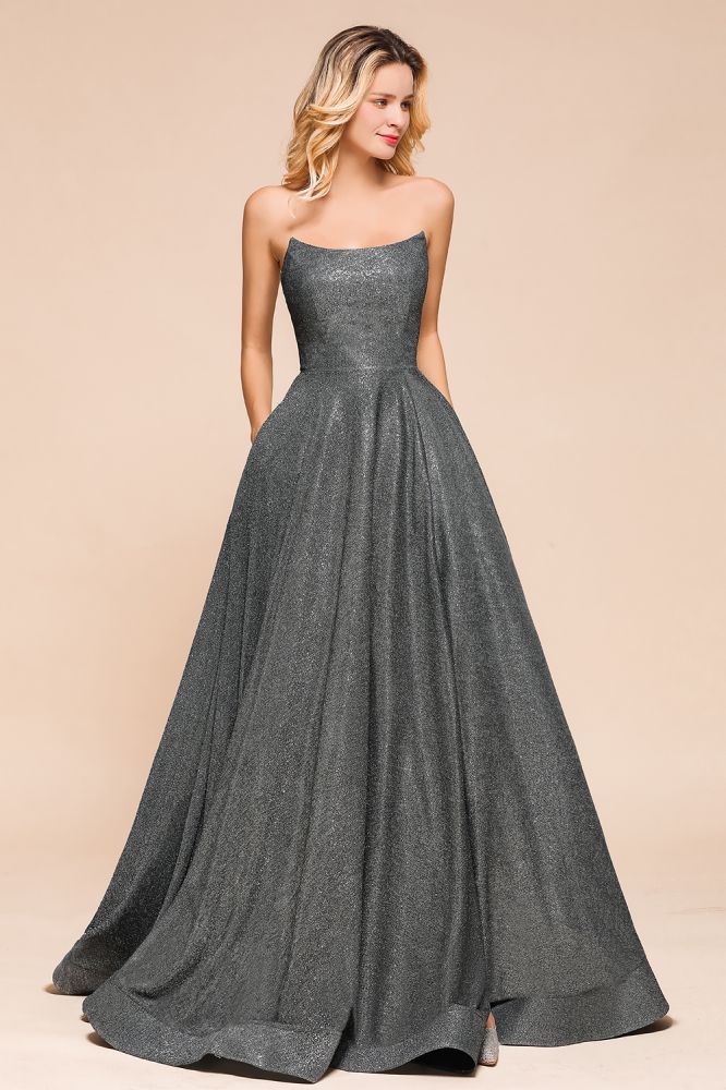 Trägerloses Glitzer-Aline-Abendkleid, ärmellos, Schlitz vorne, Tanzpartykleid