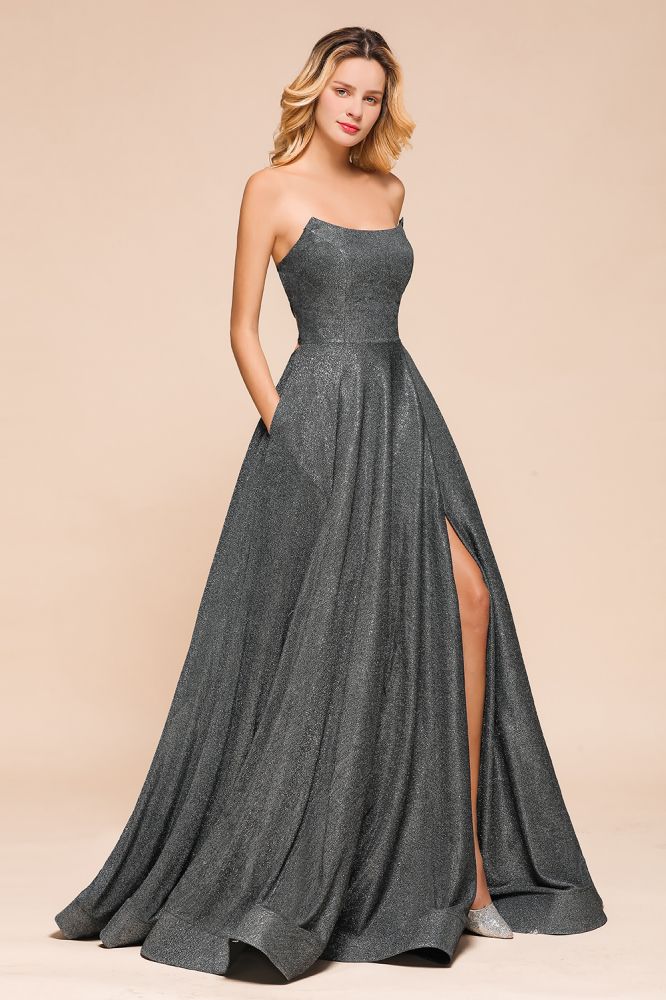 Trägerloses Glitzer-Aline-Abendkleid, ärmellos, Schlitz vorne, Tanzpartykleid