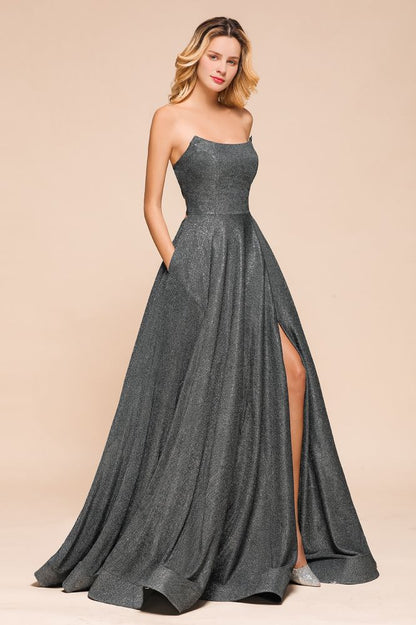 Trägerloses Glitzer-Aline-Abendkleid, ärmellos, Schlitz vorne, Tanzpartykleid