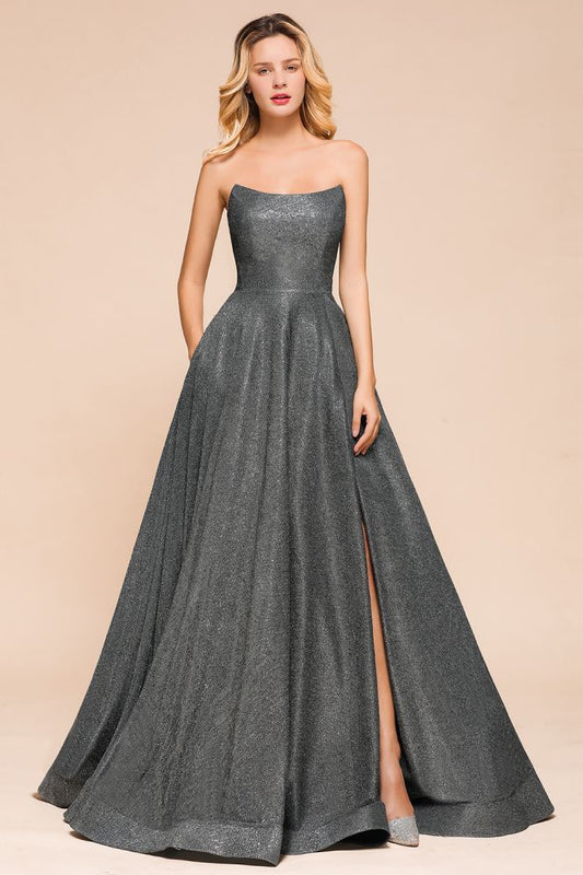 Trägerloses Glitzer-Aline-Abendkleid, ärmellos, Schlitz vorne, Tanzpartykleid
