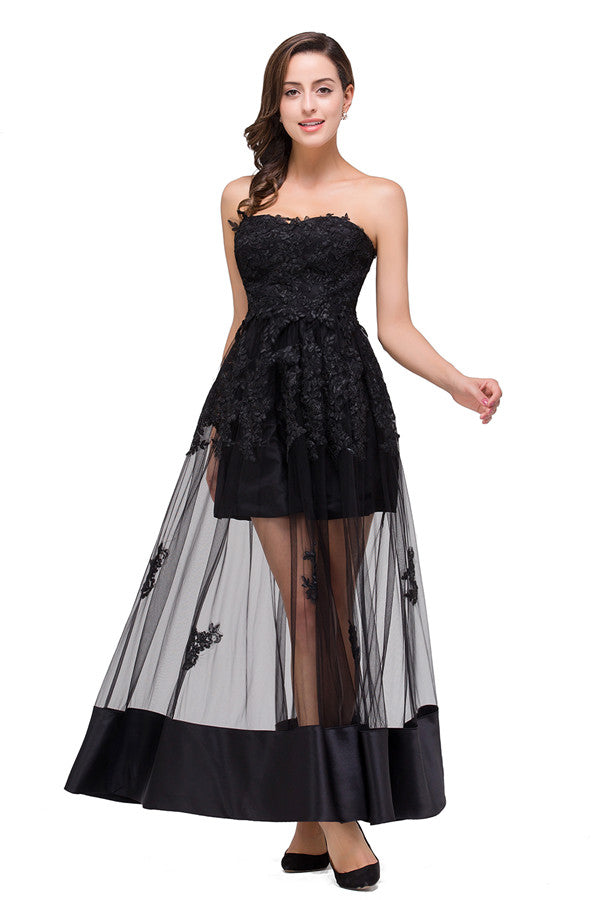 Trägerloses, knielanges A-Linien-Ballkleid mit Schnürung und schwarzen Applikationen