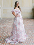 Sydney | Vestido de fiesta de tul floral con hombros descubiertos y corte en A
