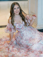 Sydney | Vestido de fiesta de tul floral con hombros descubiertos y corte en A