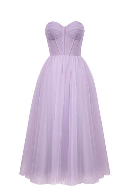 Trägerloses, bauschiges Midi-Tüllkleid