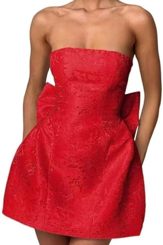 Minivestido elegante de satén fruncido sin mangas con estampado floral de jacquard y lazo para la fiesta de bienvenida