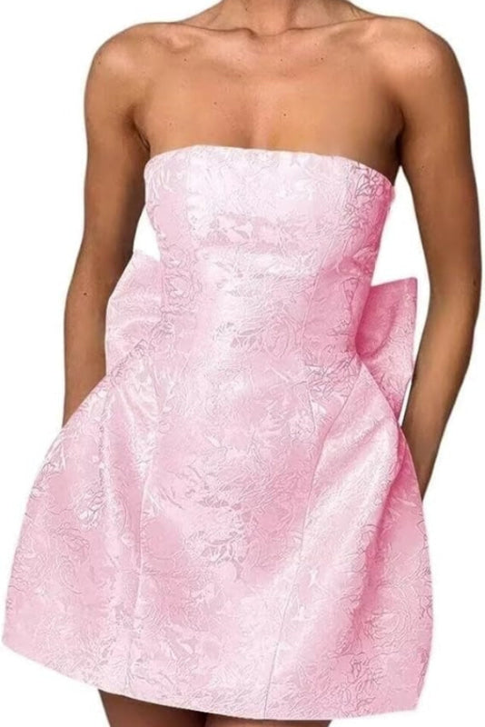 Minivestido elegante de satén fruncido sin mangas con estampado floral de jacquard y lazo para la fiesta de bienvenida