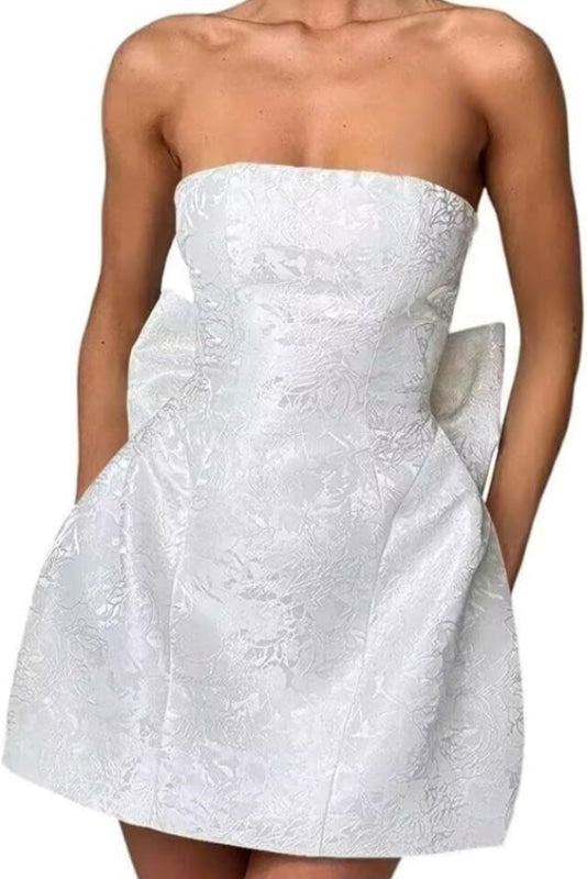 Minivestido elegante de satén fruncido sin mangas con estampado floral de jacquard y lazo para la fiesta de bienvenida