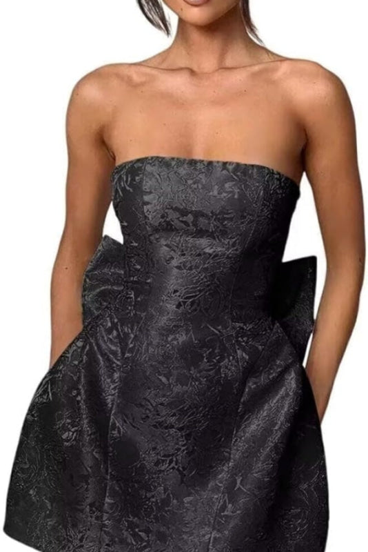 Minivestido elegante de satén fruncido sin mangas con estampado floral de jacquard y lazo para la fiesta de bienvenida
