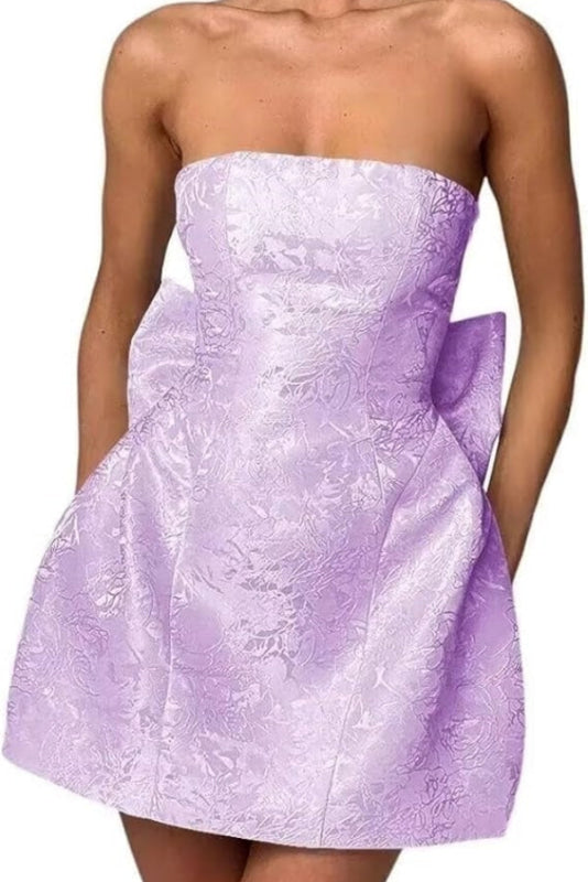 Minivestido elegante de satén fruncido sin mangas con estampado floral de jacquard y lazo para la fiesta de bienvenida