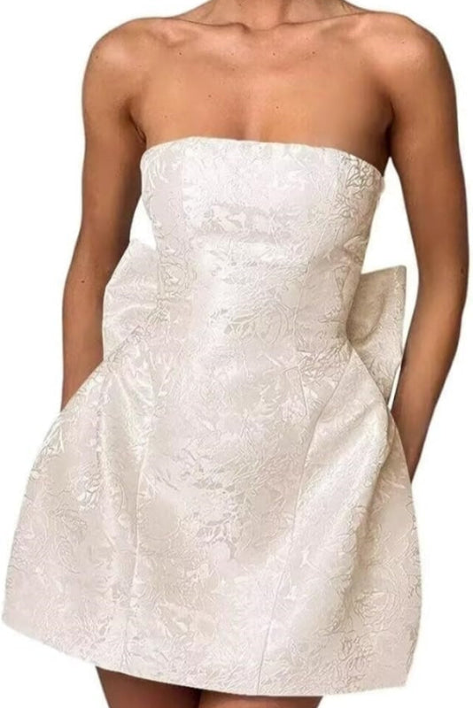 Minivestido elegante de satén fruncido sin mangas con estampado floral de jacquard y lazo para la fiesta de bienvenida