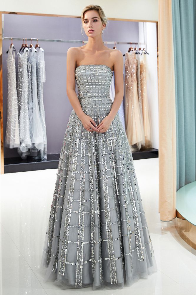 Trägerloses Pailletten-Partykleid aus Chiffon in A-Linie und bodenlangem Ballkleid