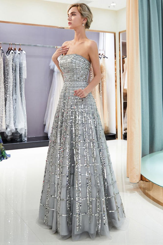 Trägerloses Pailletten-Partykleid aus Chiffon in A-Linie und bodenlangem Ballkleid