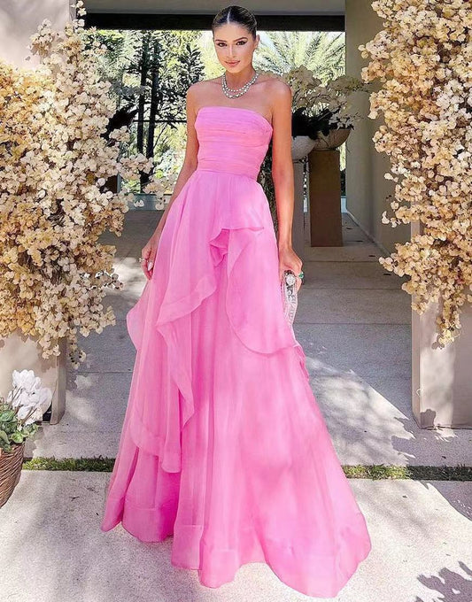 Elisa | Vestido de fiesta de organza rosa claro, corte A, sin tirantes