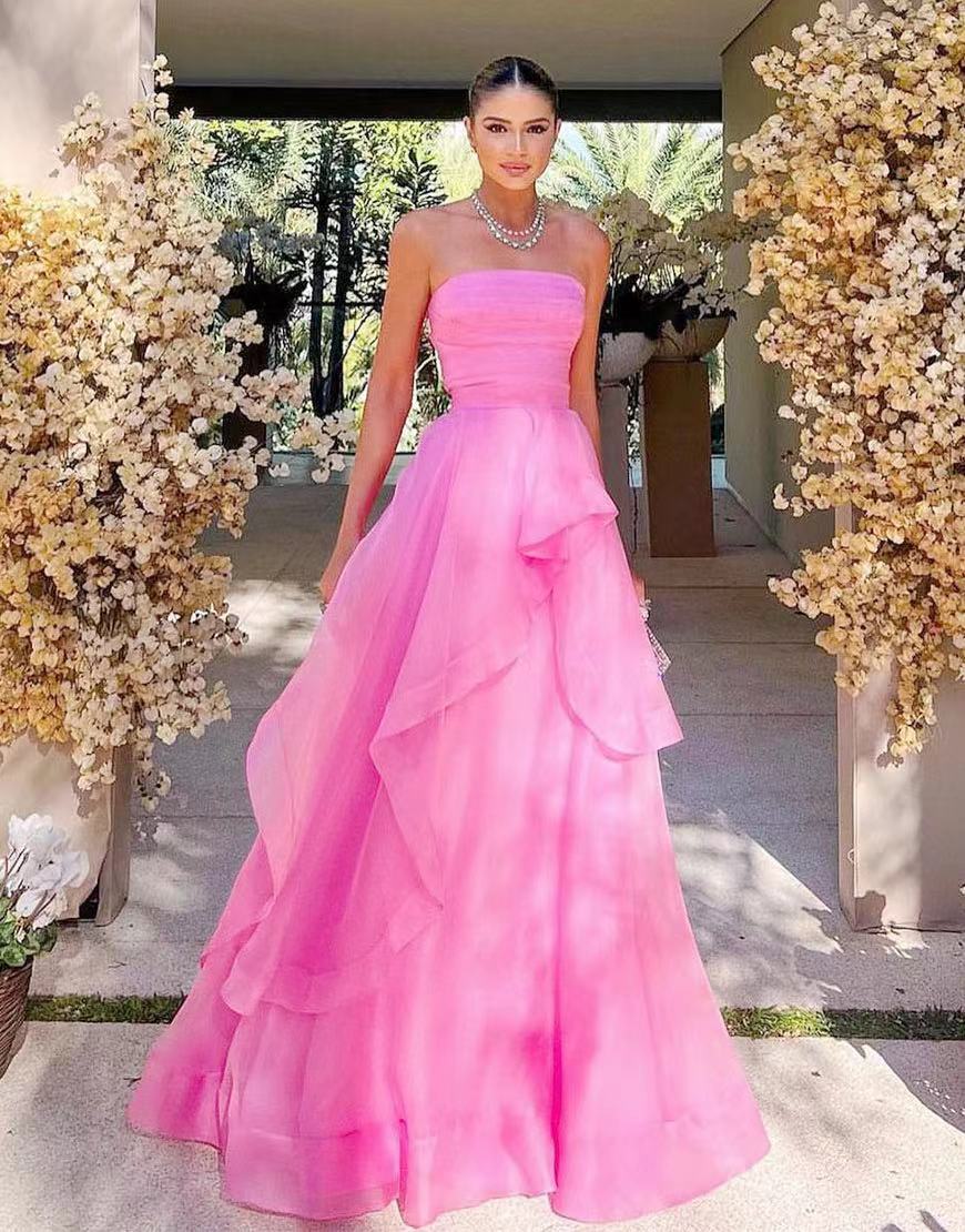 Elisa | Vestido de fiesta de organza rosa claro, corte A, sin tirantes