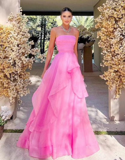 Elisa | Vestido de fiesta de organza rosa claro, corte A, sin tirantes