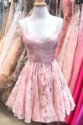 Vestido de fiesta corto de encaje con tirantes en forma de A, color rosa, para regreso a casa, PD317