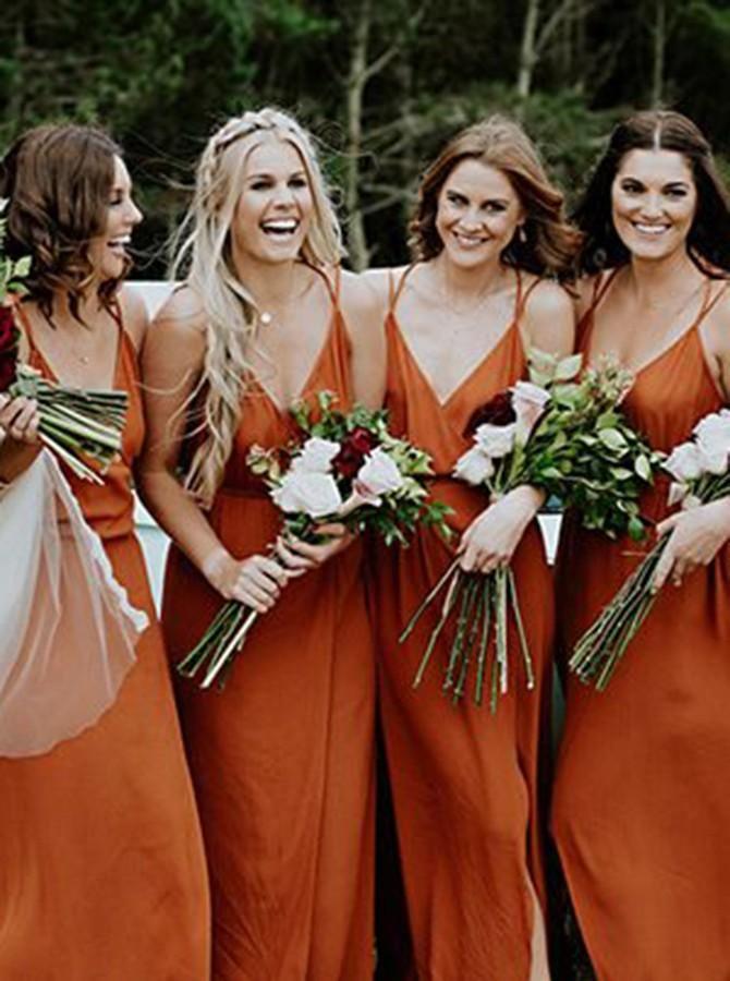 Vestido de dama de honor de gasa naranja con escote en V y tirantes finos BD064