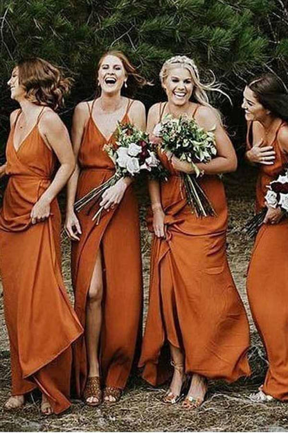Träger A-Linie V-Ausschnitt Orange Chiffon Brautjungfernkleid mit Schlitz BD064