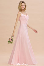 Vestido de dama de honor rosa con tirantes y escote corazón, de gasa, sin espalda, para fiesta de noche