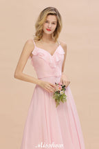 Vestido de dama de honor rosa con tirantes y escote corazón, de gasa, sin espalda, para fiesta de noche
