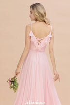 Vestido de dama de honor rosa con tirantes y escote corazón, de gasa, sin espalda, para fiesta de noche