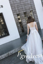 Straps Tulle White Lace Beach Wedding DressesWith Little Court Train  WD086