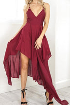 Träger V-Ausschnitt Burgund High Low Partykleid Homecoming Kleider PD310
