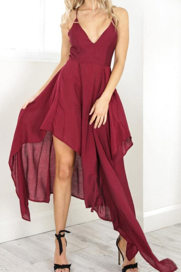 Träger V-Ausschnitt Burgund High Low Partykleid Homecoming Kleider PD310
