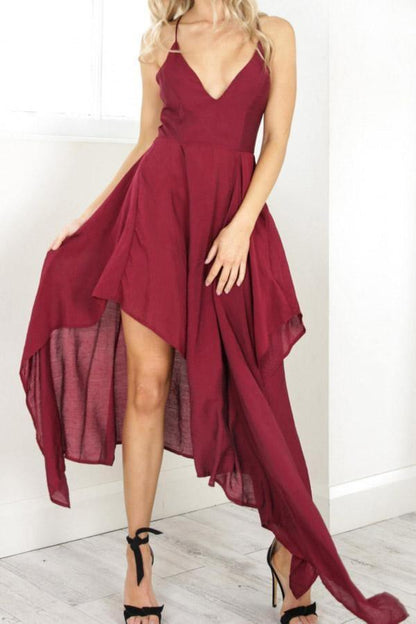 Straps V Neck Burgundy High Low Party Dress Homecoming Dresses  PD310