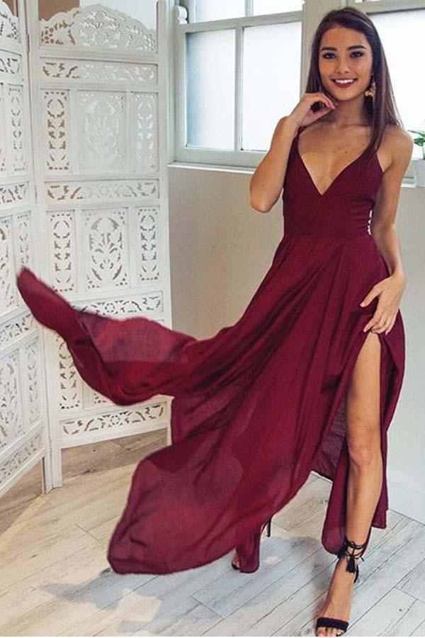 Träger V-Ausschnitt Burgund High Low Partykleid Homecoming Kleider PD310
