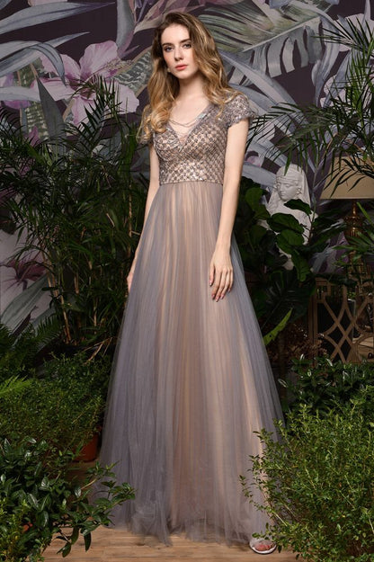 Auffälliges A-Linie Langes Abendkleid Quincenera Swing Kleid Kurze Ärmel