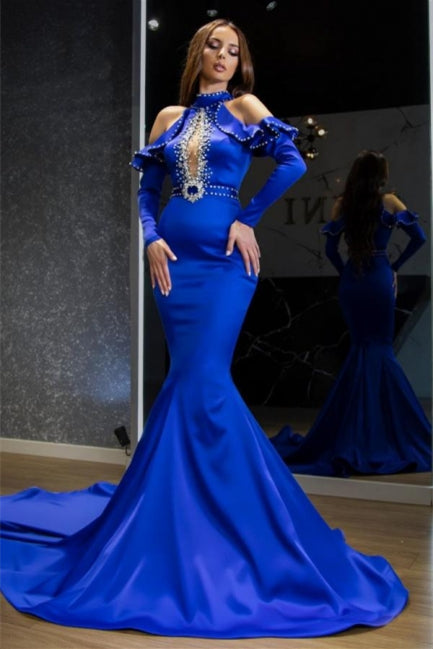 Atemberaubendes Neckholder-Abendkleid in Königsblau aus Satin im Meerjungfrauen-Stil
