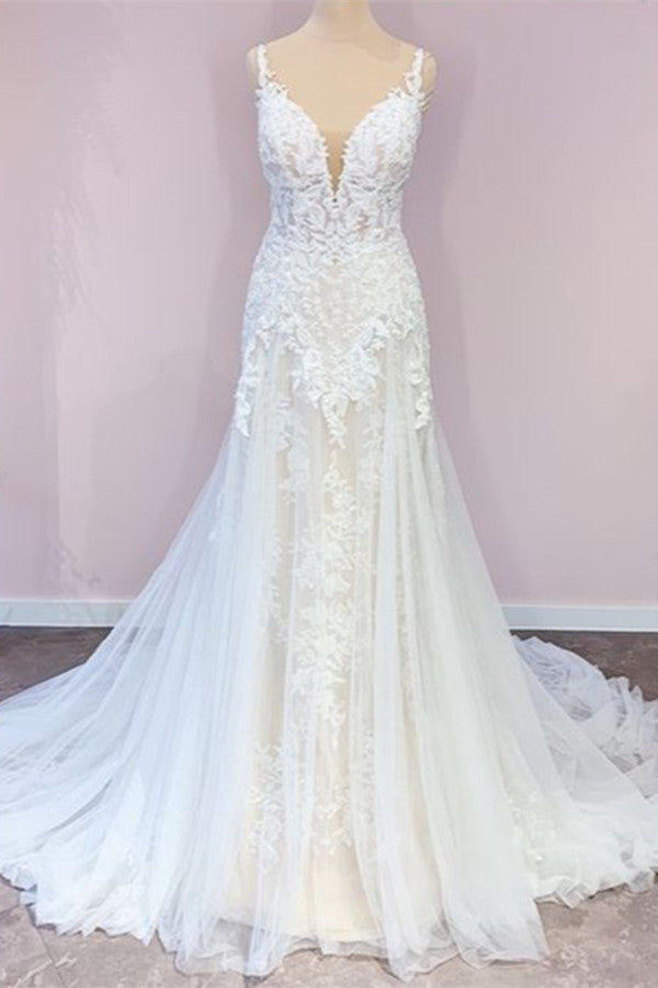 Impresionante vestido de novia largo de corte A con escote en forma de corazón de tul y apliques de encaje