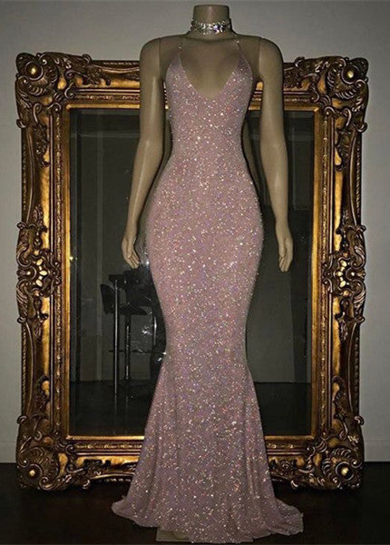 Impresionante vestido de fiesta de sirena con lentejuelas, tirantes finos y cuello halter largo