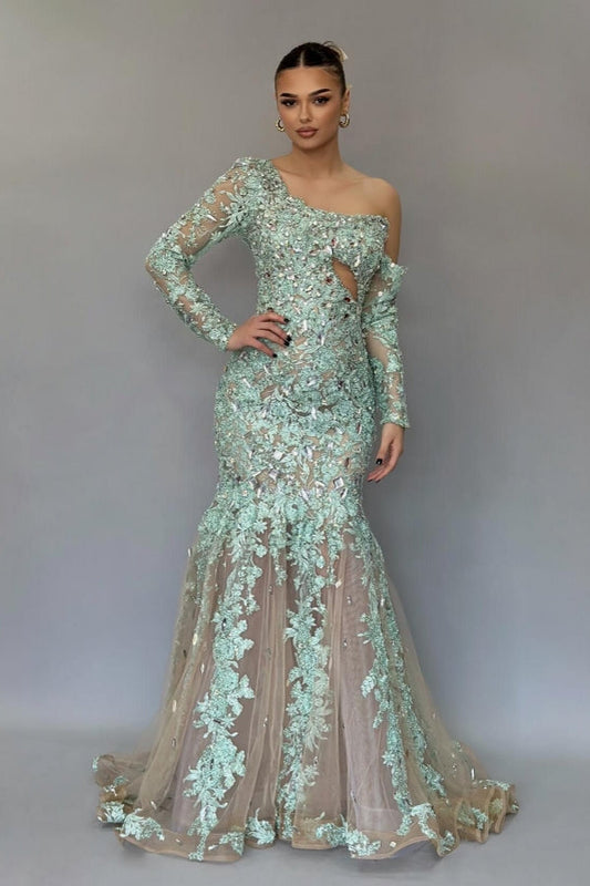 Atemberaubendes langes Meerjungfrau-Ballkleid mit einer Schulter, Spitze und Perlenbesatz und langen Ärmeln