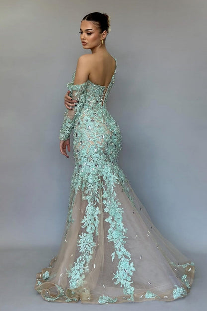 Atemberaubendes langes Meerjungfrau-Ballkleid mit einer Schulter, Spitze und Perlenbesatz und langen Ärmeln