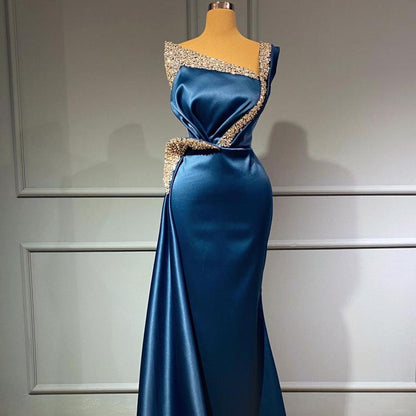 Atemberaubendes langes Meerjungfrauen-Ballkleid aus Stretch-Satin mit einer Schulter