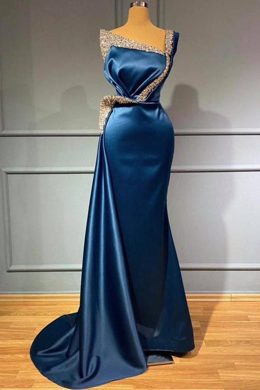 Atemberaubendes langes Meerjungfrauen-Ballkleid aus Stretch-Satin mit einer Schulter