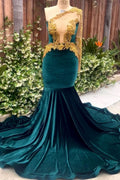 Atemberaubendes dunkelgrünes Meerjungfrau-Ballkleid mit einer Schulter und 3D-Goldverzierung, figurbetontes Partykleid