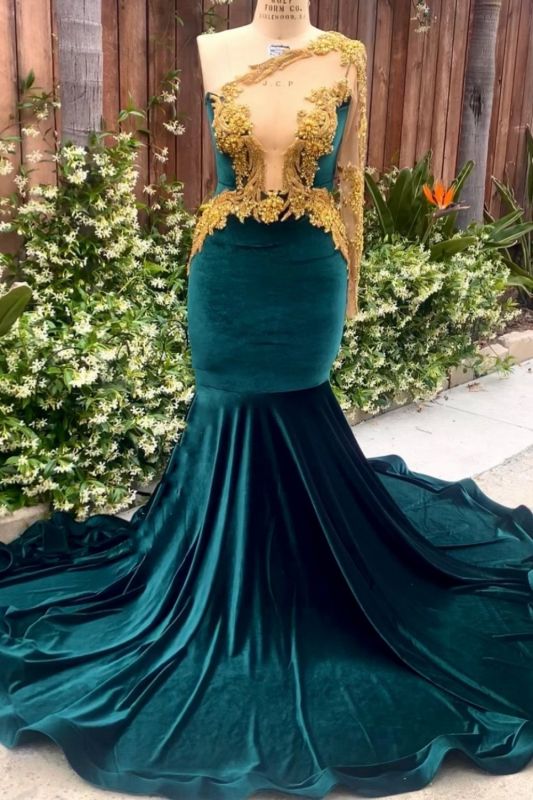 Atemberaubendes dunkelgrünes Meerjungfrau-Ballkleid mit einer Schulter und 3D-Goldverzierung, figurbetontes Partykleid