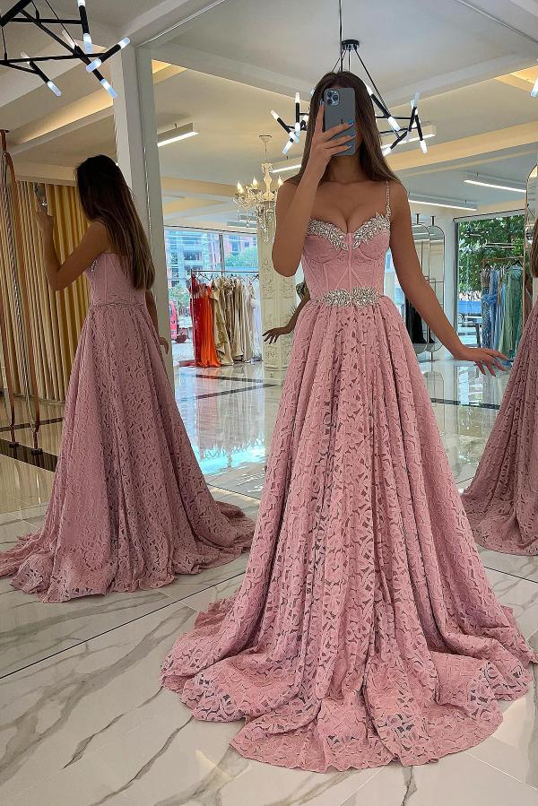 Atemberaubendes Rosa Langes A-Linie Herzausschnitt Perlenbesetztes Spitzen-Ballkleid